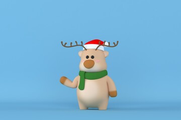 the reindeer stood and waved his hand for christmas blue background 3d  rendering.