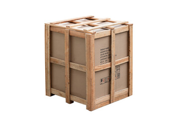 large parcel with the wooden crate isolate on white background. goods in the big cardboard box with...