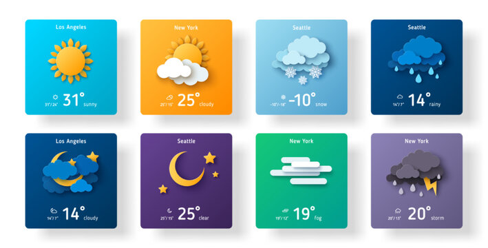 Weather forecast widget icon set paper cut style. Vector illustration. 3d mobile app ui design, daily application template, climate cartoon sign. Thunderstorm, rain, sunny day, fog, winter snow, night