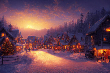 winter evening in the village. Sunset Christmas. Snow Forest