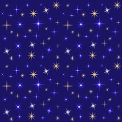 Vector pattern. Glowing stars and sparks on a dark blue background. Winter night. Drawing for holiday packaging