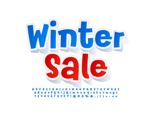 Vector bright Banner Winter Sale. Blue Sticker Font. Funny handwritten Alphabet Letters, Numbers and Symbols.