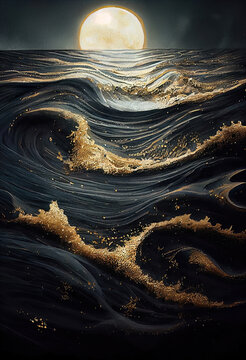 Sea dark night landscape. Moonlight reflected in the waves of the ocean. Sea stormy wave with foam, nature abstraction.