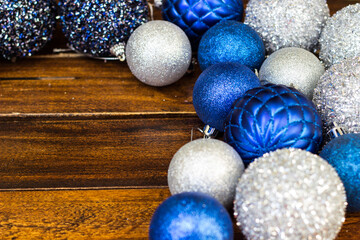 Blue and silver ornaments for Christmas, background