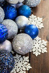 Blue and silver ornaments with snowflakes