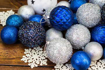 Blue and silver ornaments with snowflakes