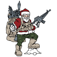 military Santa Claus with machine gun and grenade in his hands, vector, logo, cartoon, mascot, character, illustration