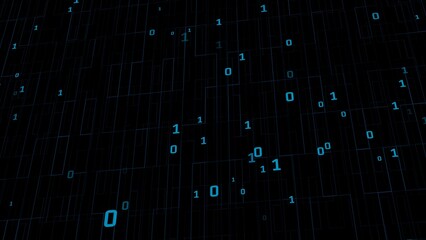 Binary matrix background. Falling digits on dark backdrop. Running random numbers. Abstract data concept. Blue futuristic cyberspace. Vector illustration.