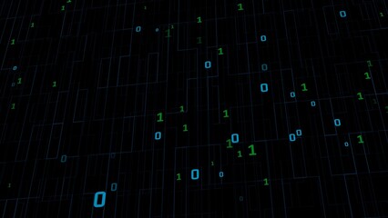 Binary matrix background. Falling digits on dark backdrop. Running random numbers. Abstract data concept. Blue futuristic cyberspace. Vector illustration.