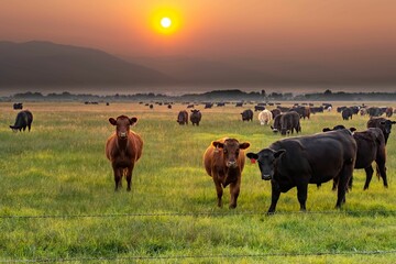 Beautiful shot of a herd of cows grazing on a rural field under a sunny sky