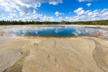 Lake with smoke in Yellowstone national park