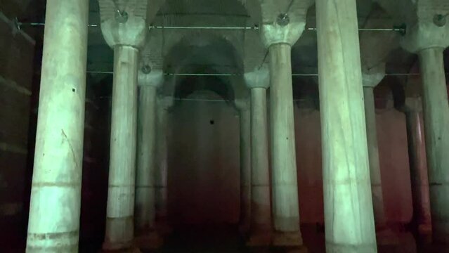 View from the floor to the columns and ceiling of the historic Basilica Cistern of Istanbul, Turkey
