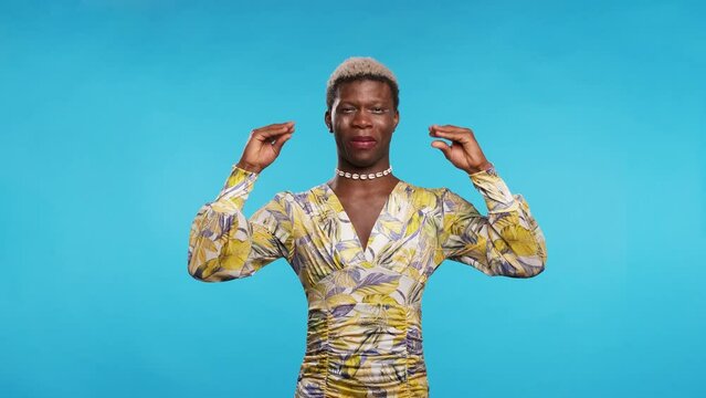 Funny black transgender woman showing babble gesture