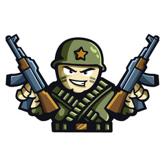 cartoon soldier with two machine guns in his hands, vector, logo, cartoon, mascot, character, illustration