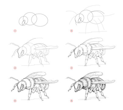 Page shows how to learn to draw sketch of bumblebee. Creation step by step pencil drawing. Educational page for artists. Textbook for developing artistic skills. Online education. Vector image.