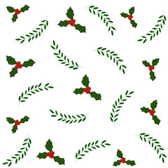 Christmas seamless pattern for greeting card, wrapping paper and textile with mistletoe branch, green leaves and red holly berries