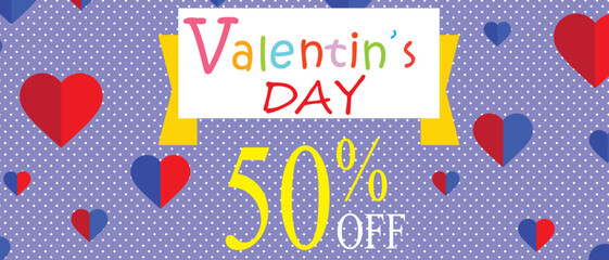 Vector illustration of a banner for 50 percentage off sale on Valentines day