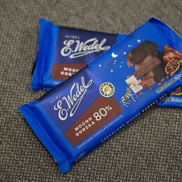 Closeup of Polish E. Wedel brand dark chocolate bars with 80 percent cocoa.