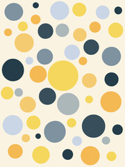 Abstract retro style seamless pattern, with yellow, orange, pastel blue, navy blue and pastel orange polka dots decoration on beige background