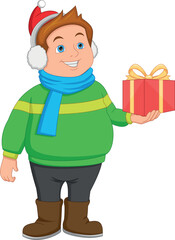 cartoon happy boy holding a gift