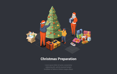 Winter Holidays, Home Coziness, Winter Holidays Attributes. Characters Make Christmas Preparations. Family Decorating Together Xmas Tree, Santa Holding With Gift box. Isometric 3D Vector Illustration