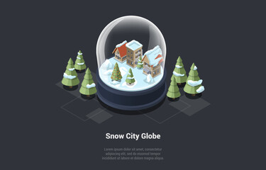 Winter Holidays, Family Christmas Celebration Theme Concept. Beautiful Snow City Globe With Cozy Snowy Houses With Xmas Showcases, Surrounded By Fir Trees. Isometric 3D Cartoon Vector Illustration