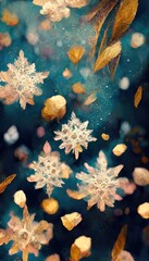 Abstract winter tender blue dark watercolor background with abstract golden snowflakes. Background for a festive New Year's winter card.