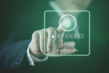 Hands touch the login screen. Firewall cybersecurity protection concept. software technology...