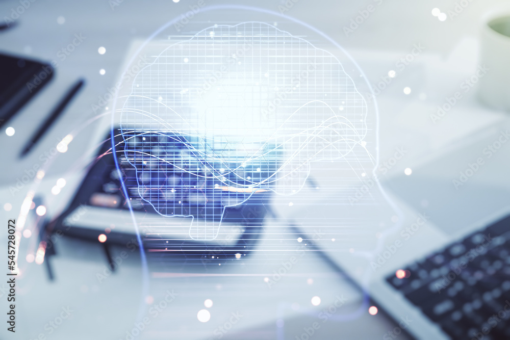 Aufkleber double exposure of creative artificial intelligence hologram on blurry calculator with laptop backgr
