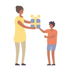 woman giving a gift to a child vector illustration of a flat design