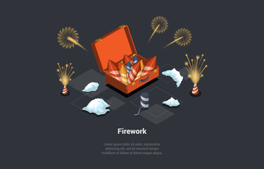 Divali Or Christmas Holidays Celebration. Festival Firecracker, Holiday Party Rocket Petard In Cardboard Box. Firework Celebration Explosion, Explosive Firecracker. Isometric 3d Vector Illustration
