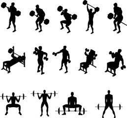 Illustration of man's silhouette doing exercises with barbell in various shapes on white background