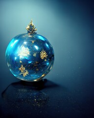 Fototapeta na wymiar Christmas ball with snow flakes on the blue background, holiday decoration, Greeting card, 3d style