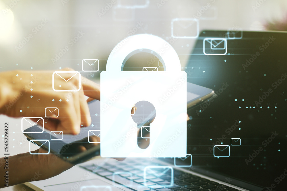 Poster creative lock sketch with email symbols hologram and hand working with a digital tablet on backgroun