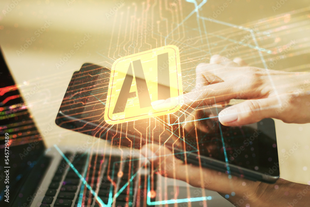 Aufkleber double exposure of creative artificial intelligence icon with finger clicks on a digital tablet on b