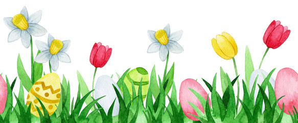 watercolor seamless border, frame for easter. green grass with easter eggs and flowers