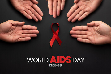Set of hands encircling a red ribbon symbolizing World AIDS Day. December 1st, day of the fight against hiv disease. Supporting the sick - obrazy, fototapety, plakaty