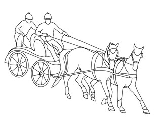 Fototapeta na wymiar Horse combined driving, Harness racing, horse pair carriage, marathon, vector pony silhouette, equestrian sport, isolated on white background, harness line art. traditional transportation