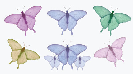 Vector watercolour butterfly collection, purple, blue, green, yellow, pink morpho, illustration details, isolated on white background, editable