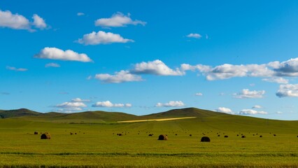 High angle of a large green field with haycocks around, a green hill, cloudy, sunlit sky background