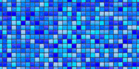 Bright blue swimming pool mosaic tile seamless pattern. Abstract vector background. Shower or kitchen floor and wall decoration. Bathroom with modern interior design. Texture of tiny squares