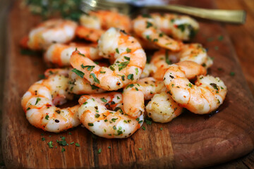 Fresh juicy fried shrimp with spices, garlic and sea salt.