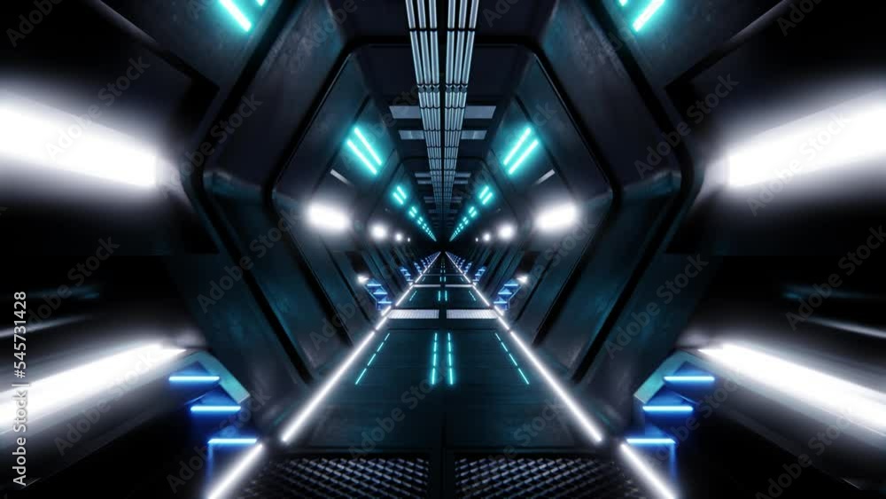 Aufkleber illuminated hallway of futuristic spaceship. 3d infinite loop