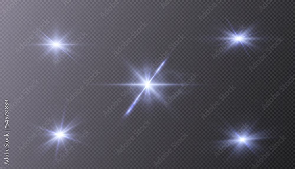 Poster set of light effects blue glowing light isolated on transparent background. solar flare with rays an