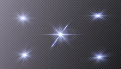 Set of light effects blue glowing light isolated on transparent background. Solar flare with rays and glare. Glow effect. Starburst with shimmering sparkles.