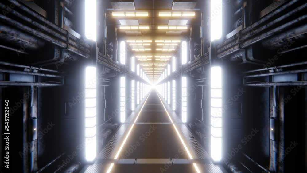 Aufkleber illuminated hallway of futuristic spaceship. 3d infinite loop