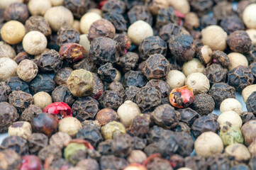 Colorful peppercorns on a white background stock photo
