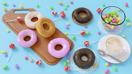 Delicious donuts with chocolate, brown and strawberry. Served on the wooden board and white napkin. Decorated with multicolored candy and cup of coffee. Blue background. Horizontal image. Top view.