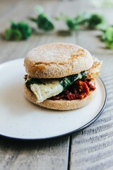 Closeup shot of Sun Dried Tomato and Egg Breakfast Sandwich