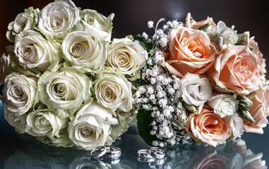 Closeup of a wedding bouquet next to wedding rings on glass